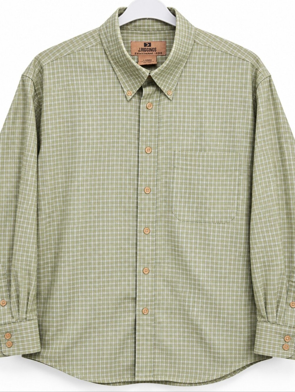 Vintage J. Riggings Men’s Large Green Plaid Button Down Shirt Long Sleeve